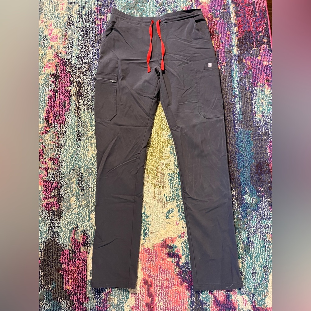 Figs Women’s Charcoal Scrub Pants with Red Drawstring - Size Small / Length Tall